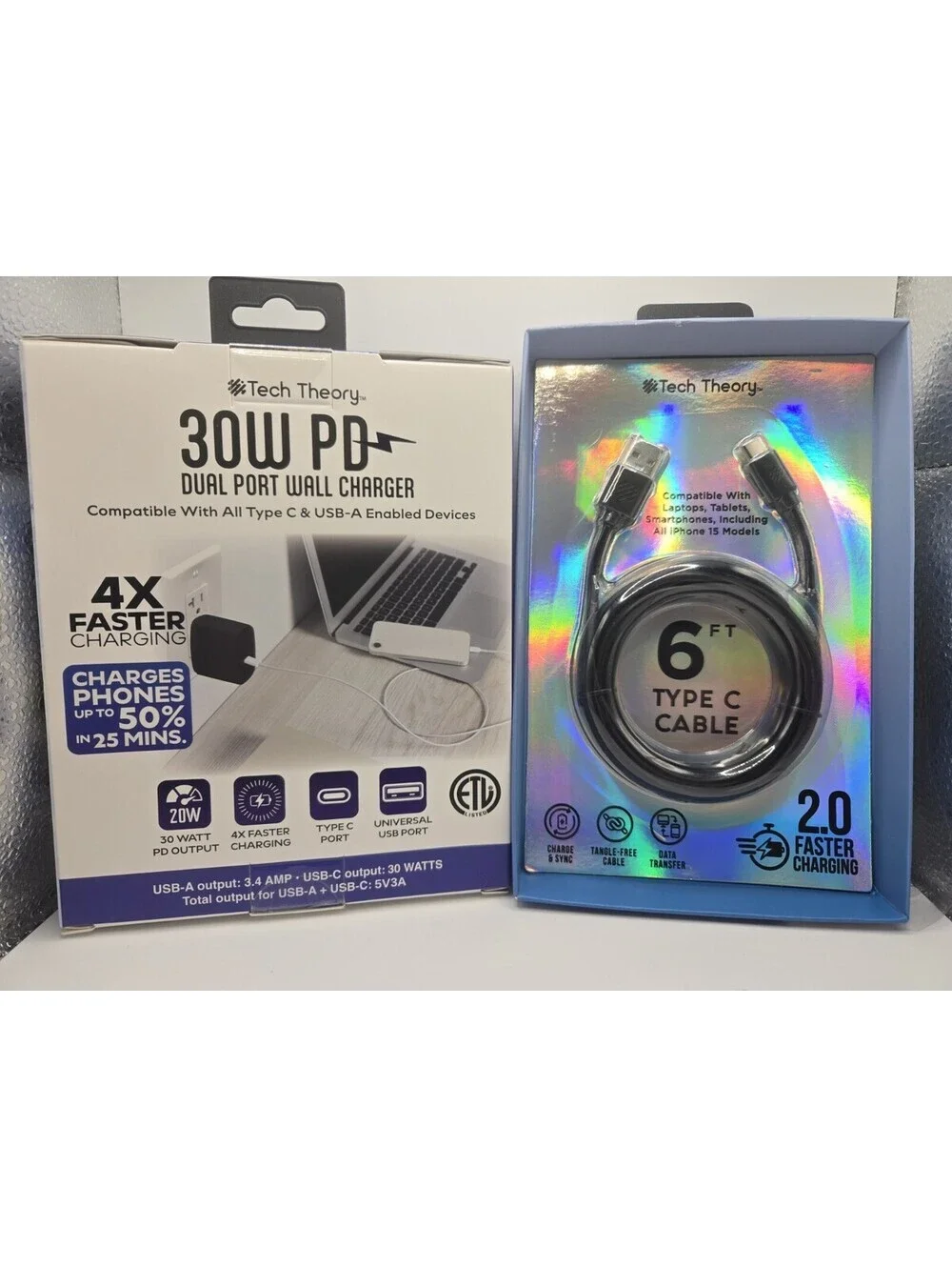 Tech Theory 30W PD Dual Port Wall Charger + 6ft USB-C Type C Fast Charging Cable